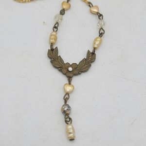 Vintage Y Necklace Brass Floral Heart Faux Pearl Crystal Drop 1990s